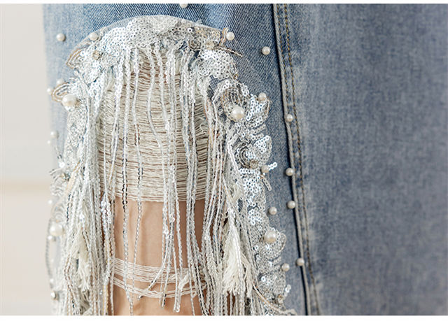 CM-BF071238 Women Preppy Seoul Style Beads Tassels Split Denim A-Line Skirt