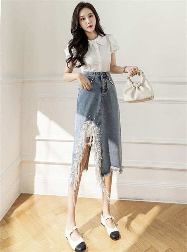 CM-BF071238 Women Preppy Seoul Style Beads Tassels Split Denim A-Line Skirt