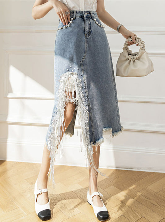 CM-BF071238 Women Preppy Seoul Style Beads Tassels Split Denim A-Line Skirt