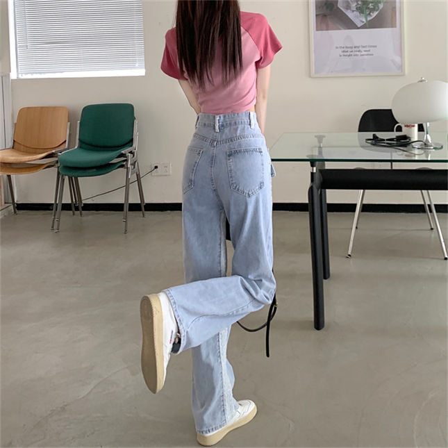 CM-BF071909 Women Casual Seoul Style High Waist Splicing Pockets Straight Jeans