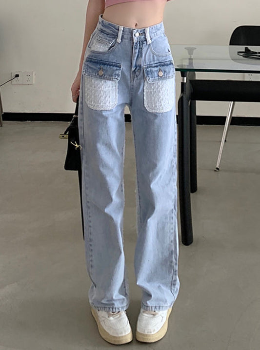 CM-BF071909 Women Casual Seoul Style High Waist Splicing Pockets Straight Jeans