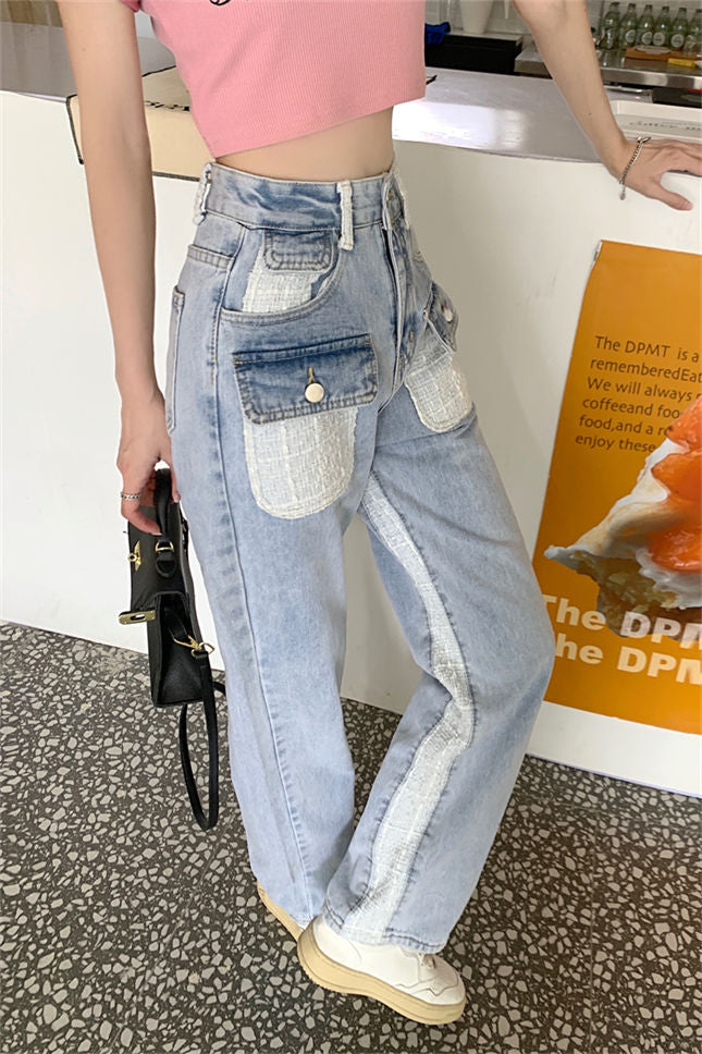 CM-BF071909 Women Casual Seoul Style High Waist Splicing Pockets Straight Jeans