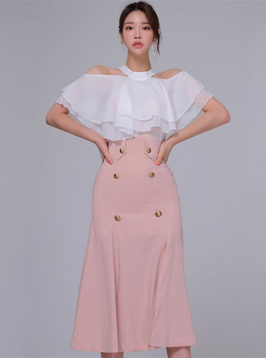 CM-SF072411 Women Elegant Seoul Style Flouncing Off Shoulder Blouse With Split Fishtail Skirt - Set