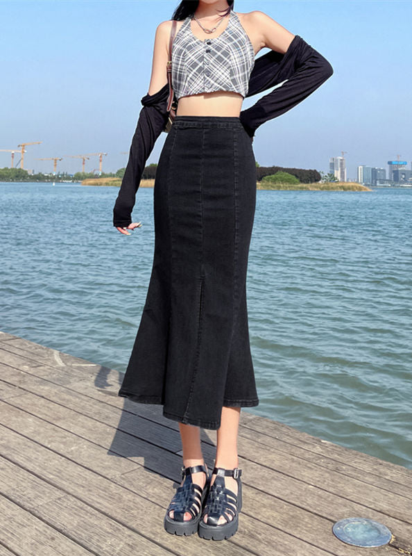 CM-BF073107 Women Preppy Seoul Style Fishtail Split Denim Long Skirt (Available in 2 colors)