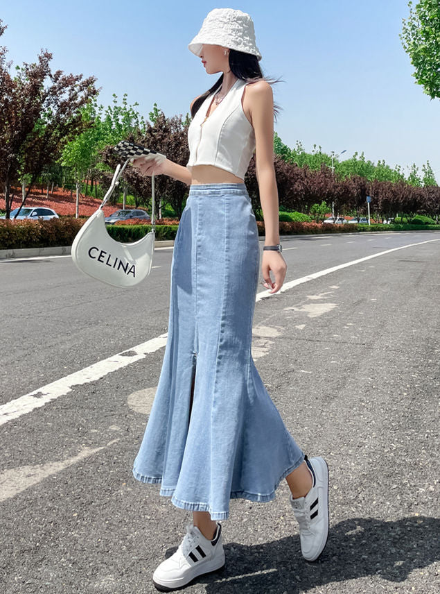 CM-BF073107 Women Preppy Seoul Style Fishtail Split Denim Long Skirt (Available in 2 colors)