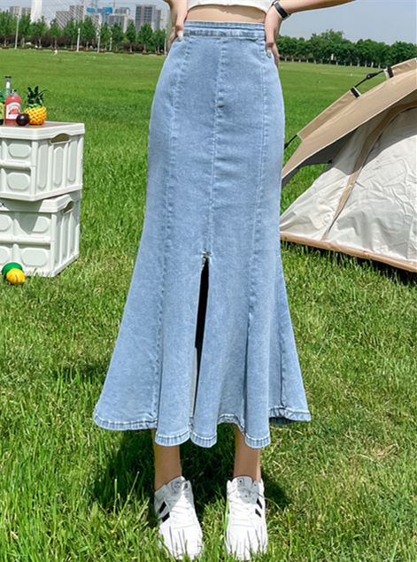 CM-BF073107 Women Preppy Seoul Style Fishtail Split Denim Long Skirt (Available in 2 colors)