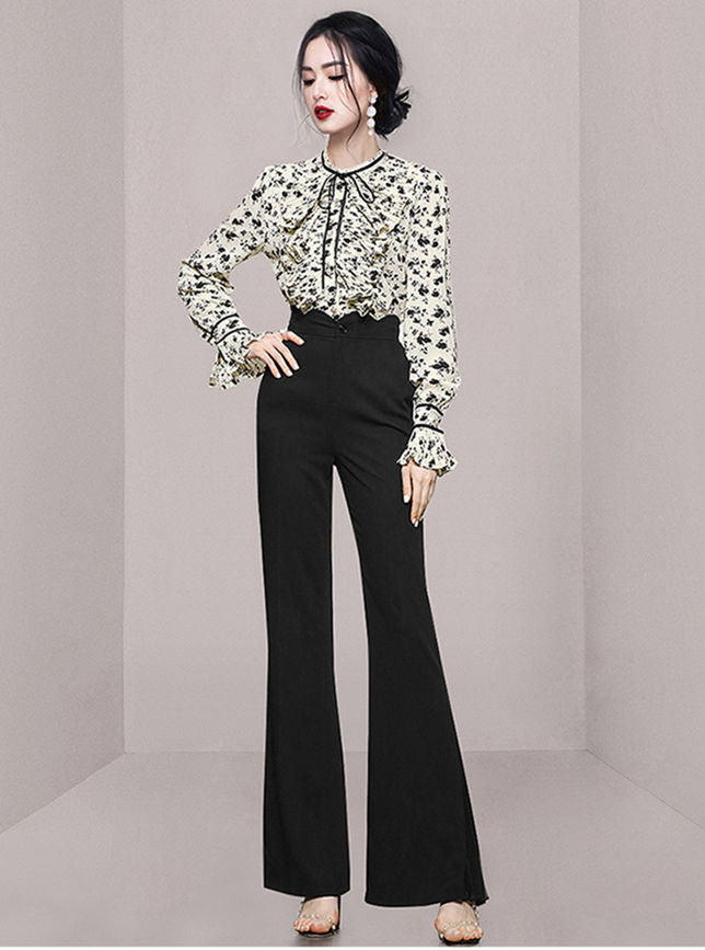 CM-SF080238 Women Elegant European Style Flouncing Floral Blouse With High Waist Long Pants - Set