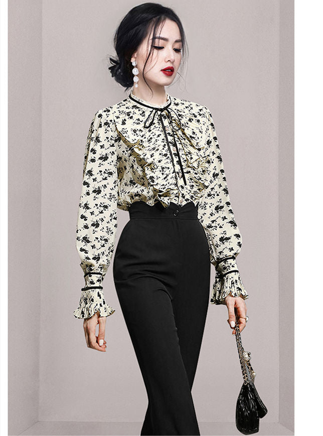 CM-SF080238 Women Elegant European Style Flouncing Floral Blouse With High Waist Long Pants - Set