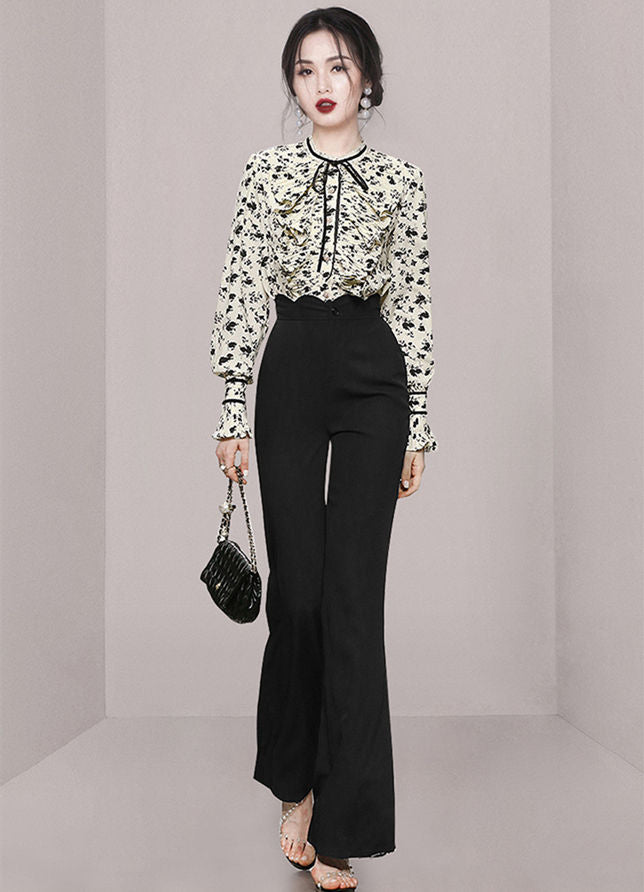 CM-SF080238 Women Elegant European Style Flouncing Floral Blouse With High Waist Long Pants - Set