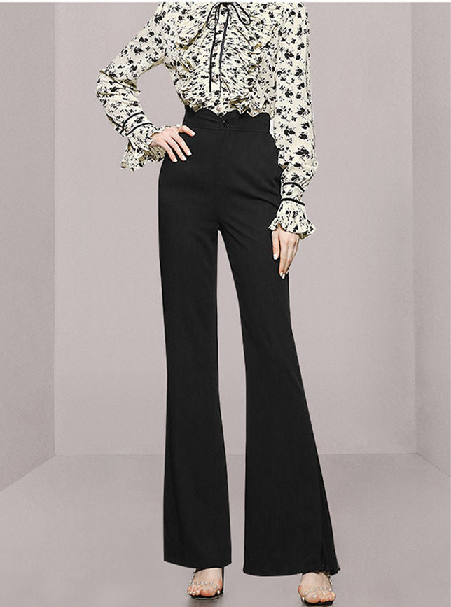 CM-SF080238 Women Elegant European Style Flouncing Floral Blouse With High Waist Long Pants - Set