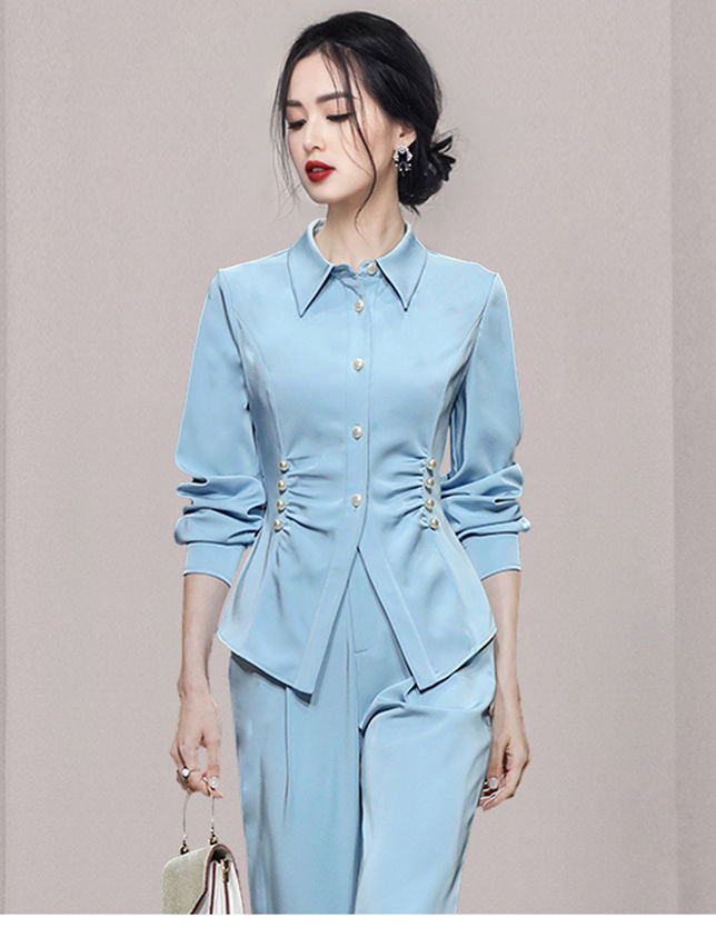 CM-SF080403 Women Elegant European Style Pleated Beads Waist Slim Long Suits