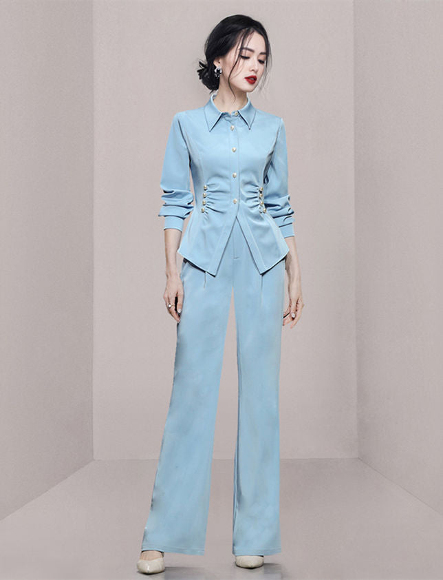 CM-SF080403 Women Elegant European Style Pleated Beads Waist Slim Long Suits