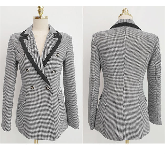 CM-SF082015 Women Elegant Seoul Style High Quality Tailored Collar Houndstooth Slim Long Suits