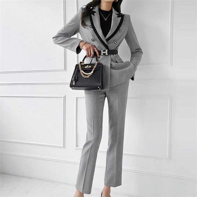 CM-SF082015 Women Elegant Seoul Style High Quality Tailored Collar Houndstooth Slim Long Suits