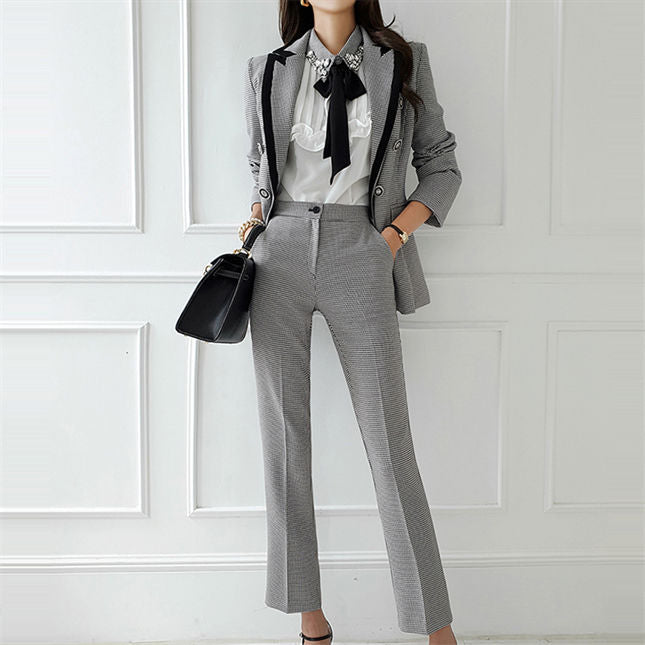 CM-SF082015 Women Elegant Seoul Style High Quality Tailored Collar Houndstooth Slim Long Suits