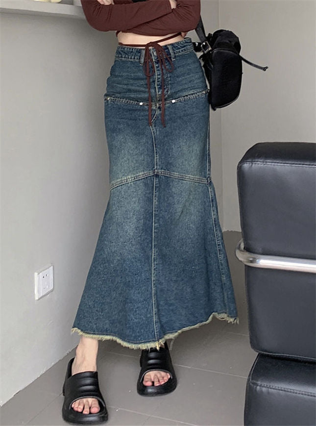 CM-BF082118 Women Retro Seoul Style High Waist Fishtail Denim Long Skirt