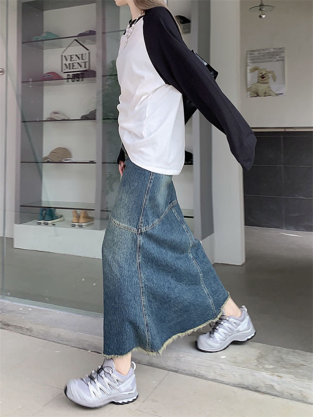 CM-BF082118 Women Retro Seoul Style High Waist Fishtail Denim Long Skirt