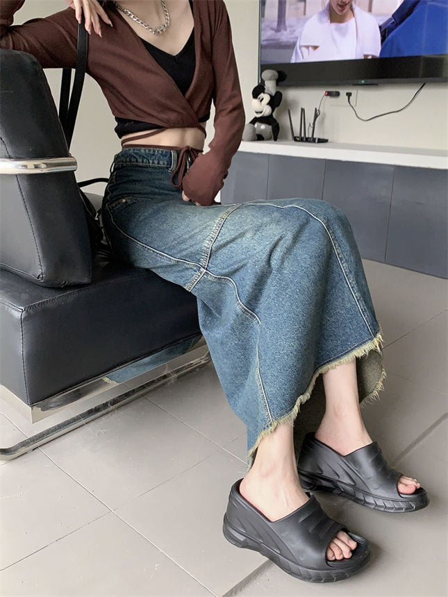 CM-BF082118 Women Retro Seoul Style High Waist Fishtail Denim Long Skirt