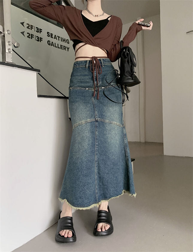 CM-BF082118 Women Retro Seoul Style High Waist Fishtail Denim Long Skirt