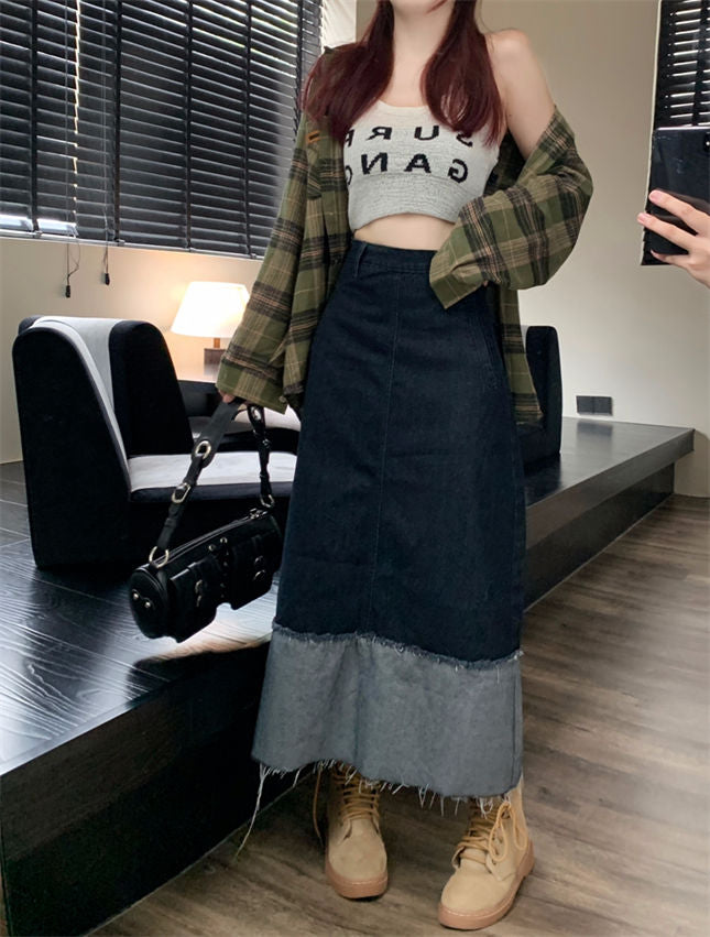 CM-BF082120 Women Preppy Seoul Style Color Block Denim A-Line Long Skirt
