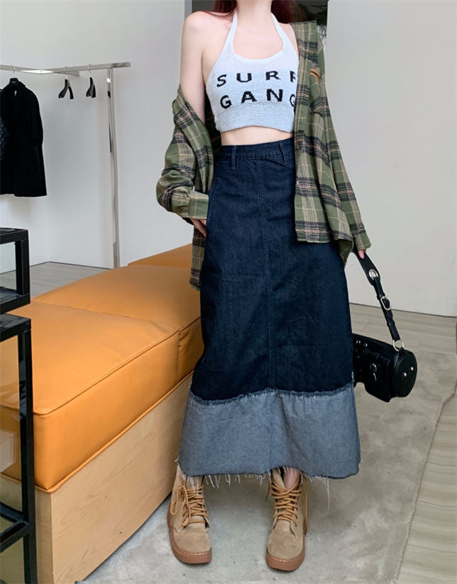 CM-BF082120 Women Preppy Seoul Style Color Block Denim A-Line Long Skirt