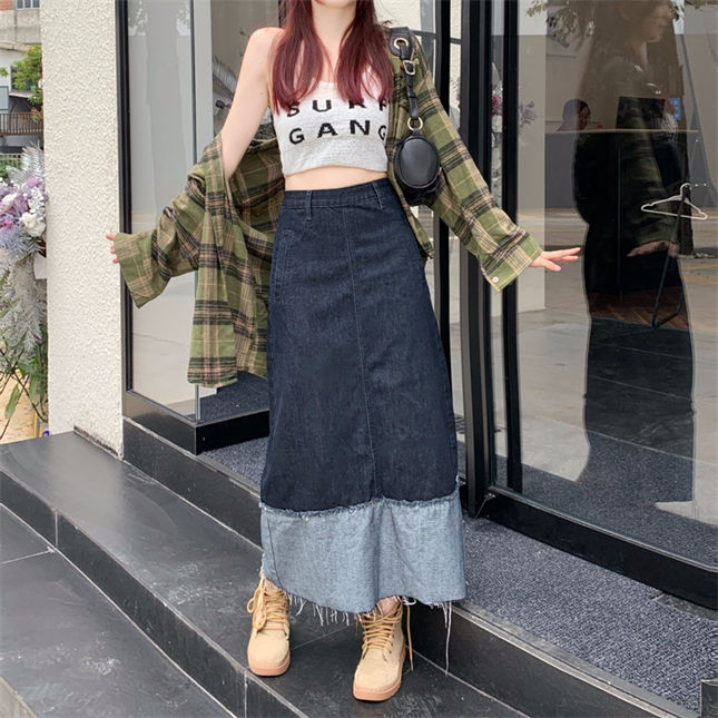 CM-BF082120 Women Preppy Seoul Style Color Block Denim A-Line Long Skirt