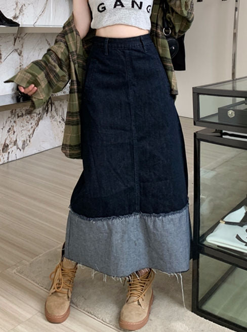 CM-BF082120 Women Preppy Seoul Style Color Block Denim A-Line Long Skirt