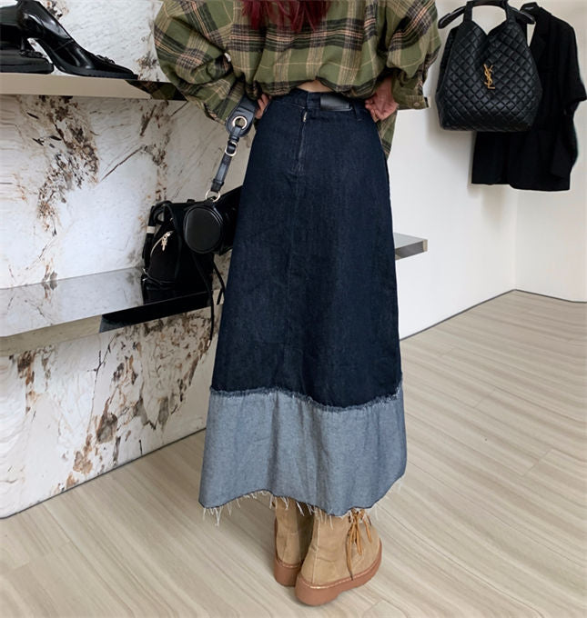 CM-BF082120 Women Preppy Seoul Style Color Block Denim A-Line Long Skirt