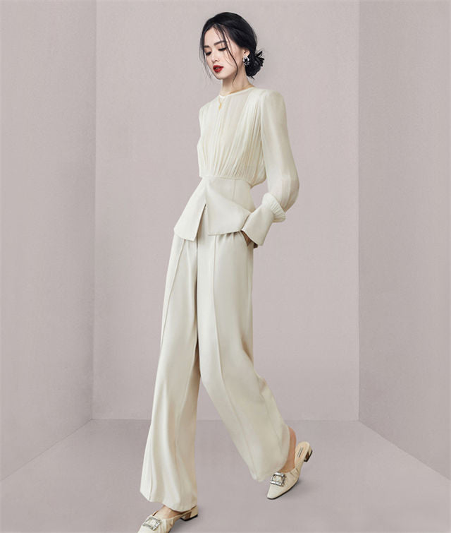 CM-SF082204 Women Elegant European Style Pleated Chiffon Tops With Wide-Leg Long Pants - Set