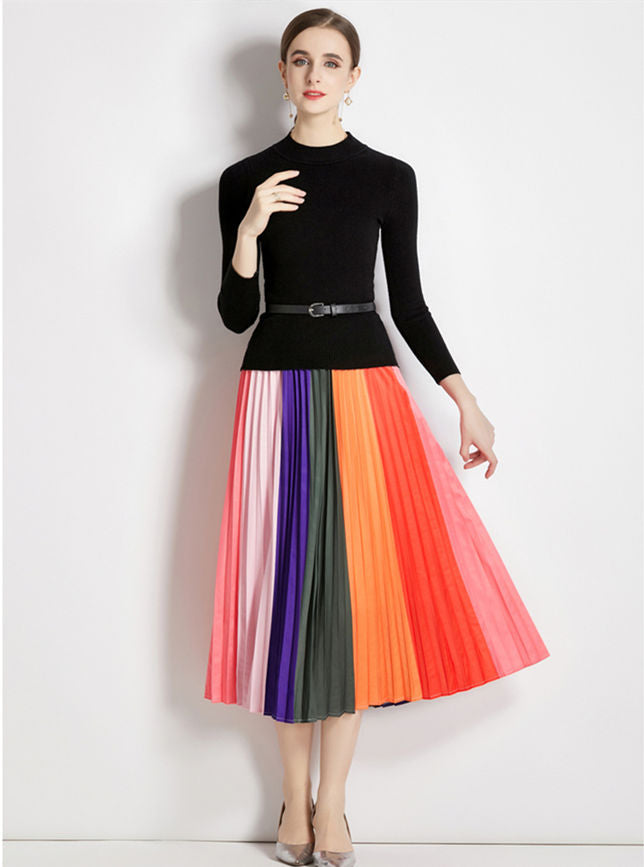 CM-SF090612 Women Casual European Style Knitting Tops With Pleated Rainbow Skirt - Set