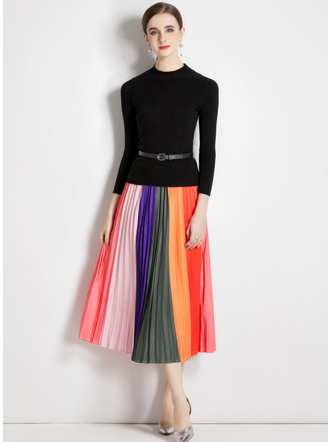 CM-SF090612 Women Casual European Style Knitting Tops With Pleated Rainbow Skirt - Set