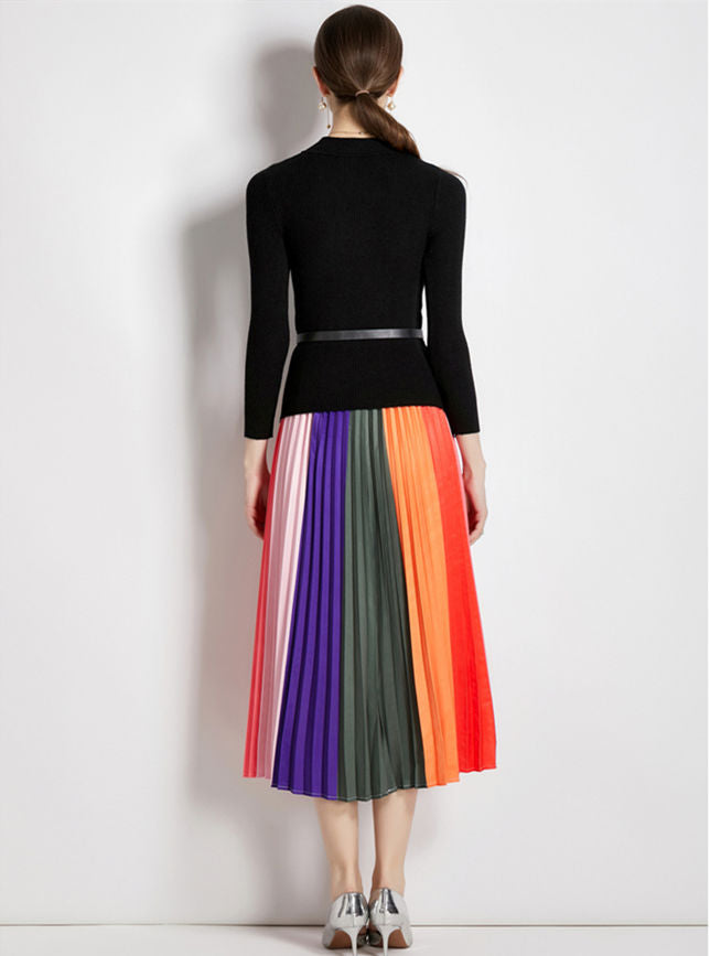 CM-SF090612 Women Casual European Style Knitting Tops With Pleated Rainbow Skirt - Set