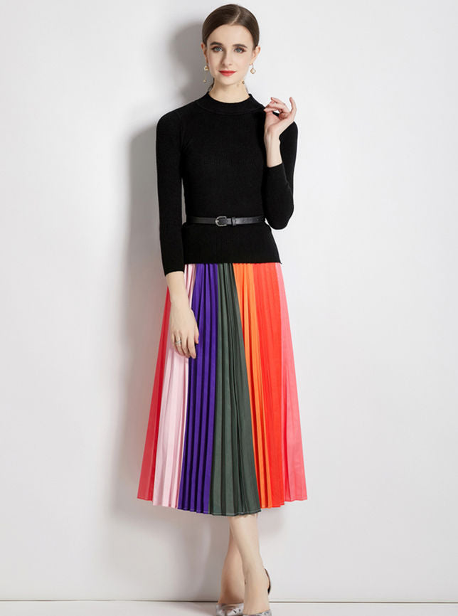 CM-SF090612 Women Casual European Style Knitting Tops With Pleated Rainbow Skirt - Set