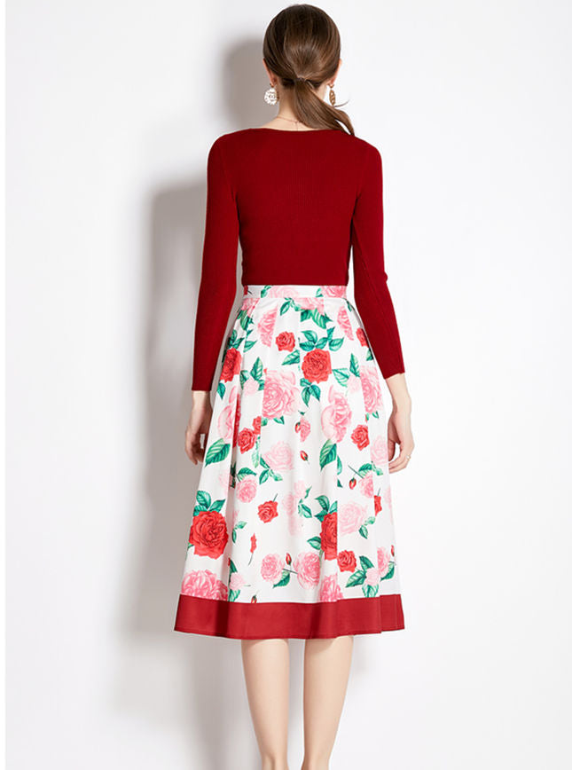 CM-SF091804 Women Lovely European Style Knitting Tops With Pleated Floral A-Line Skirt - Set