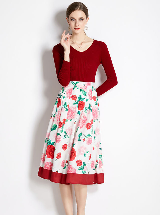 CM-SF091804 Women Lovely European Style Knitting Tops With Pleated Floral A-Line Skirt - Set