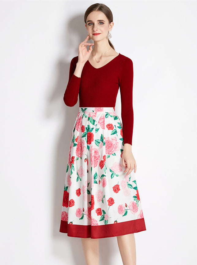 CM-SF091804 Women Lovely European Style Knitting Tops With Pleated Floral A-Line Skirt - Set