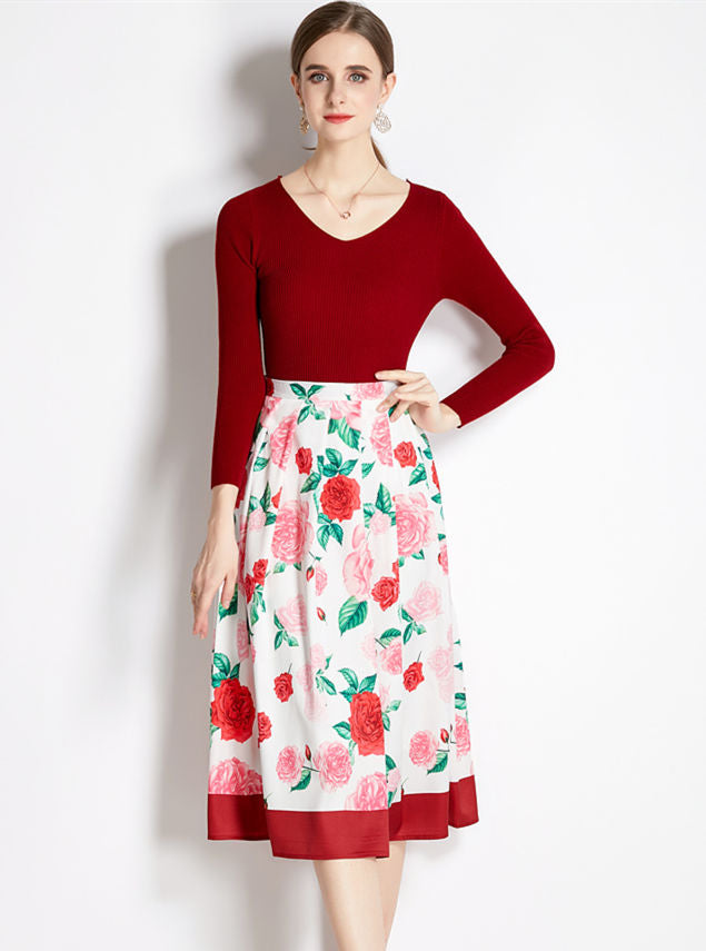 CM-SF091804 Women Lovely European Style Knitting Tops With Pleated Floral A-Line Skirt - Set