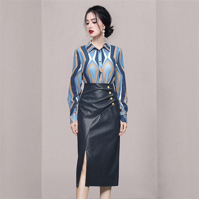 CM-SF092001 Women Retro European Style Color Block Blouse With Pleated Slim Leather Skirt - Set