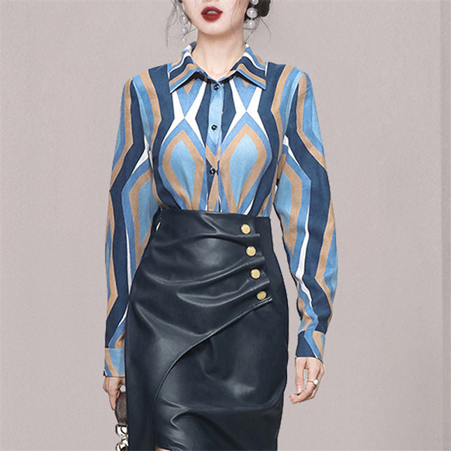 CM-SF092001 Women Retro European Style Color Block Blouse With Pleated Slim Leather Skirt - Set