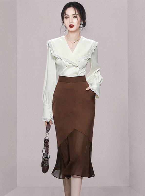 CM-SF092003 Women Elegant European Style Wraps Collar Blouse With High Waist Fishtail Skirt - Set