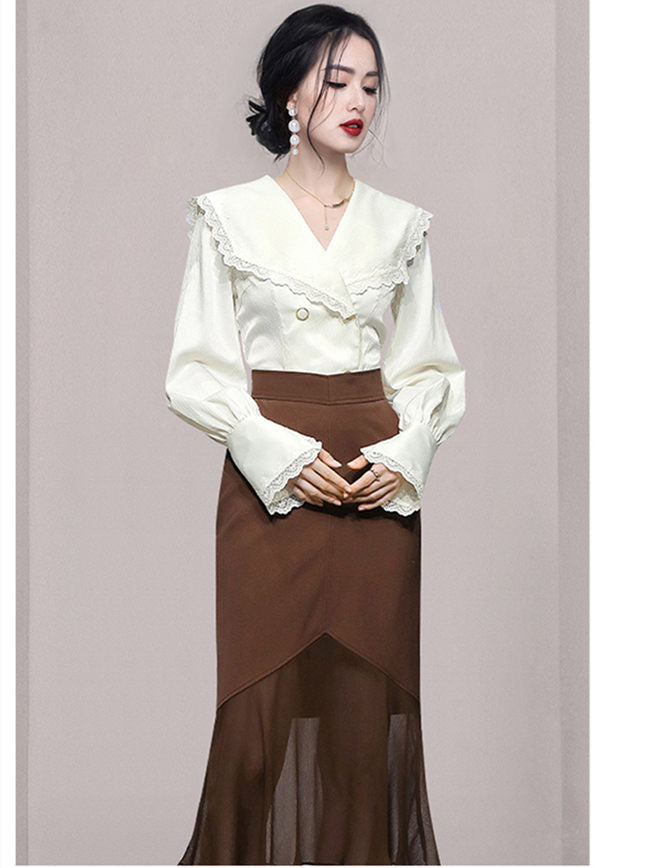 CM-SF092003 Women Elegant European Style Wraps Collar Blouse With High Waist Fishtail Skirt - Set