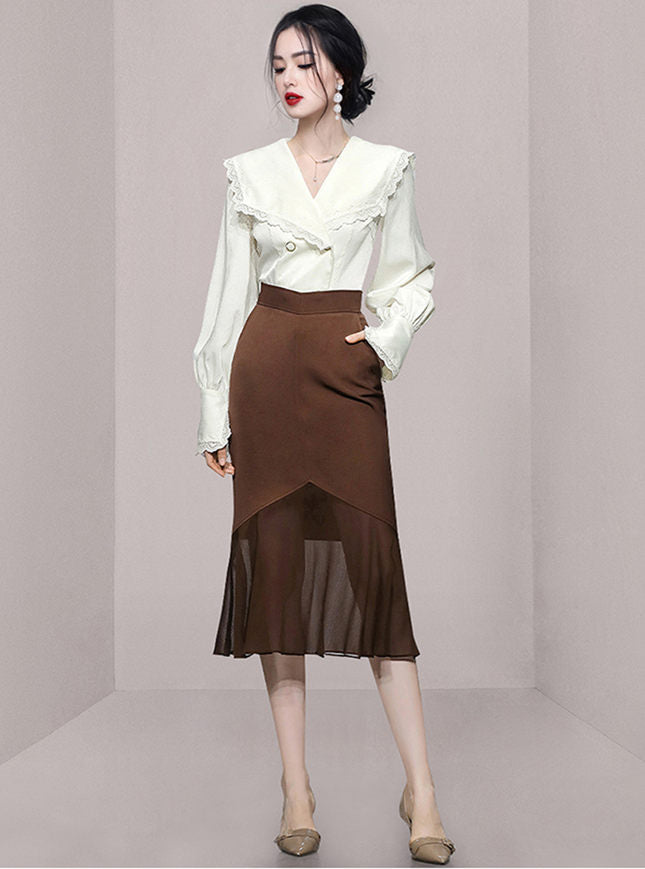 CM-SF092003 Women Elegant European Style Wraps Collar Blouse With High Waist Fishtail Skirt - Set