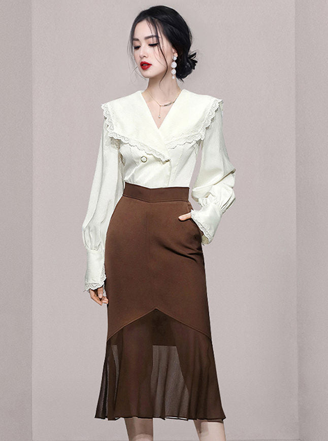 CM-SF092003 Women Elegant European Style Wraps Collar Blouse With High Waist Fishtail Skirt - Set