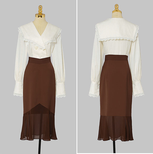 CM-SF092003 Women Elegant European Style Wraps Collar Blouse With High Waist Fishtail Skirt - Set