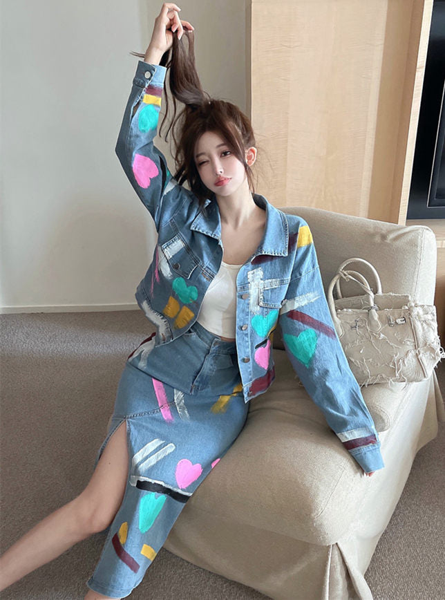 CM-SF092009 Women Casual Seoul Style Scrawls Denim Jacket With Split Skinny Skirt - Set