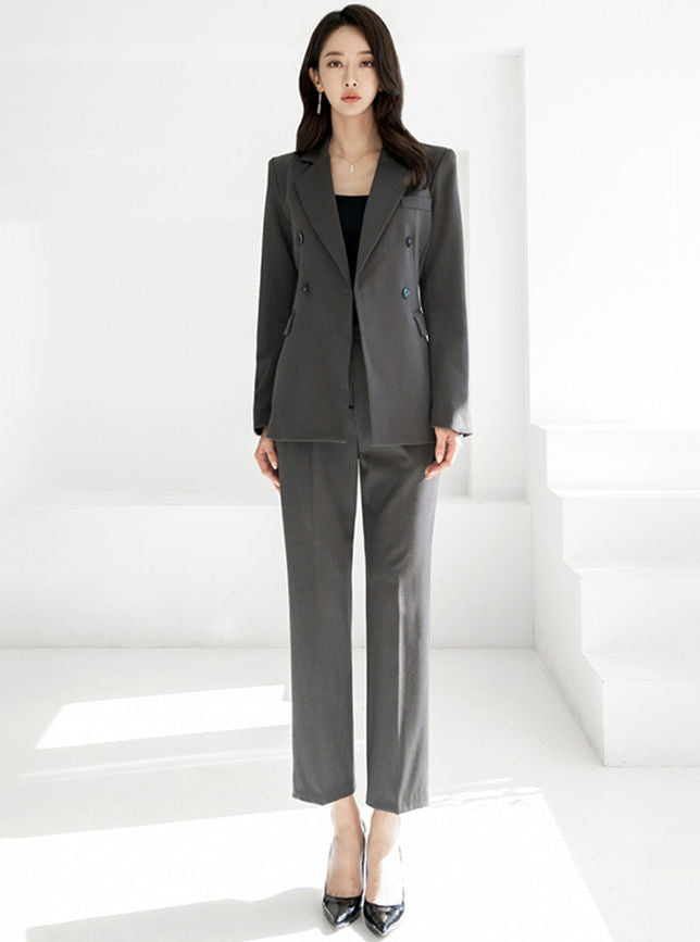 CM-SF092206 Women Elegant Seoul Style Double-Breasted Tailored Collar Slim Long Suits