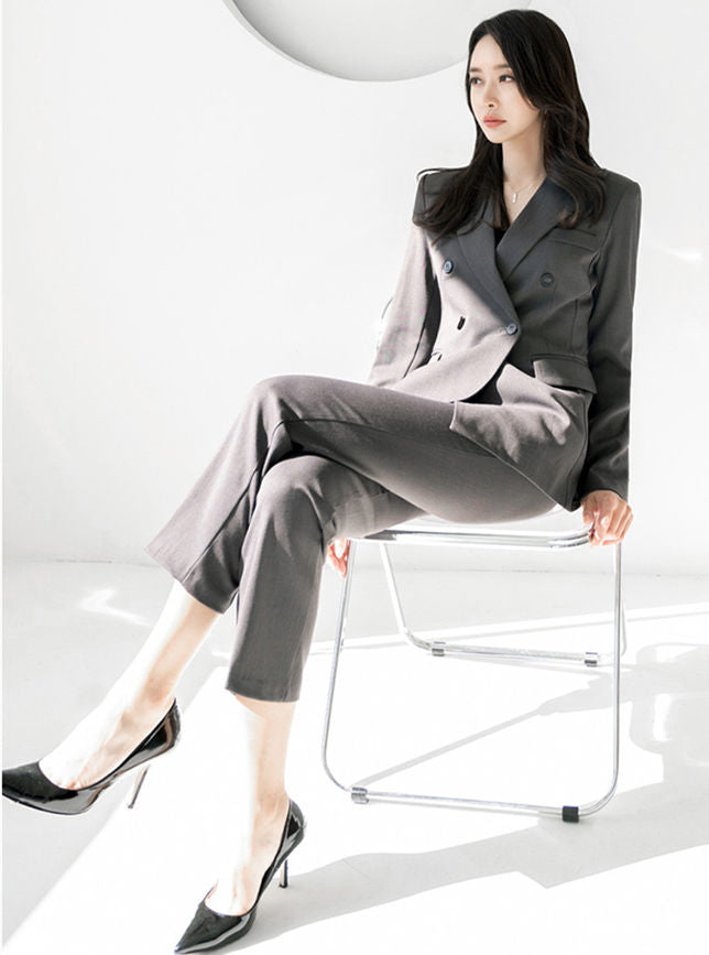 CM-SF092206 Women Elegant Seoul Style Double-Breasted Tailored Collar Slim Long Suits