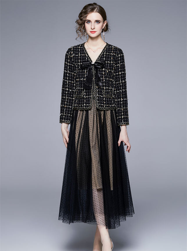 CM-SF092225 Women Elegant European Style Bowknot Tweed Jacket With Dots Gauze Long Skirt - Set