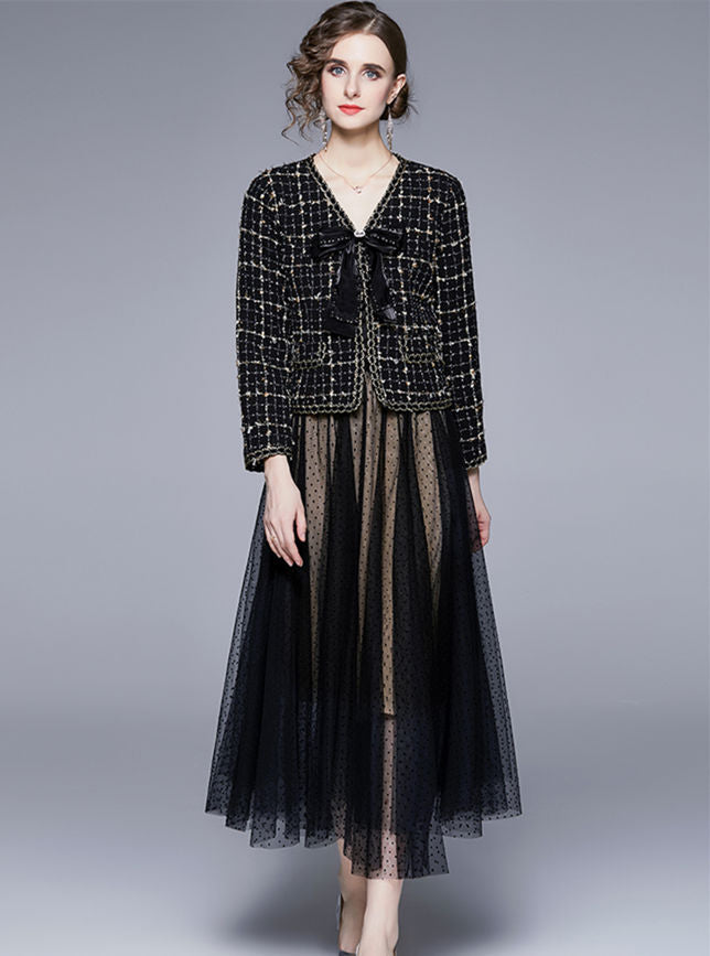 CM-SF092225 Women Elegant European Style Bowknot Tweed Jacket With Dots Gauze Long Skirt - Set