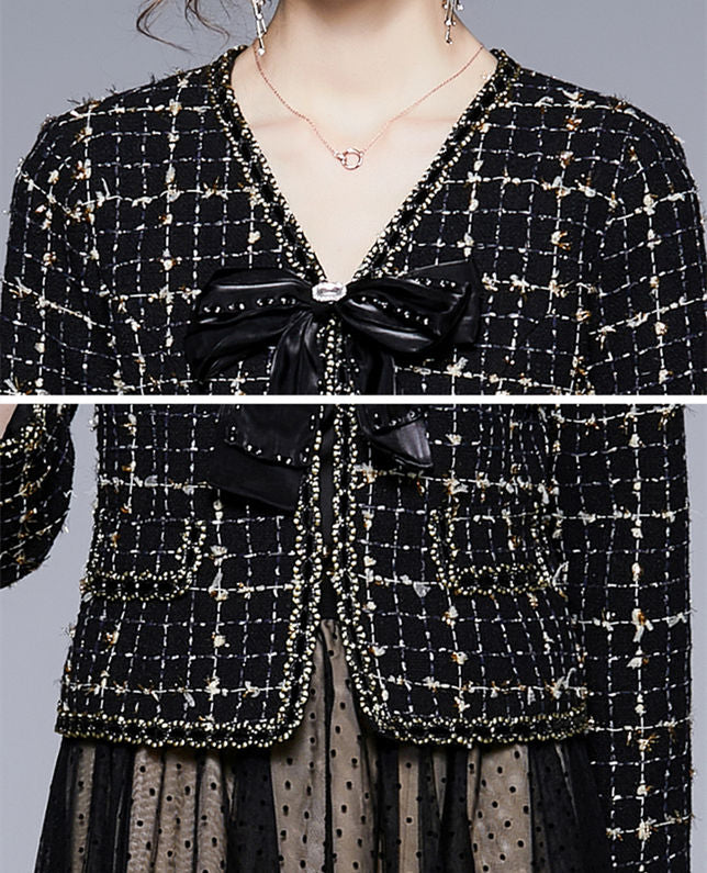 CM-SF092225 Women Elegant European Style Bowknot Tweed Jacket With Dots Gauze Long Skirt - Set